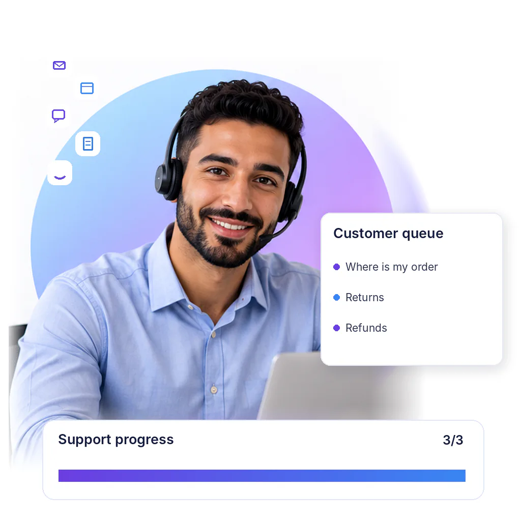 E-commerce customer service assistant with a support progress card: where is my order, returns, refunds