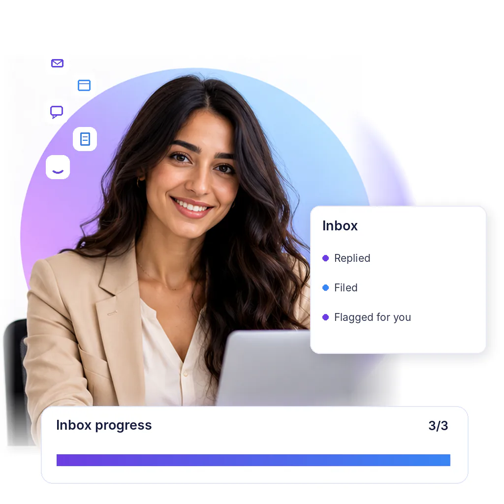 Inbox management virtual assistant with a inbox progress card: replied, filed, flagged for you
