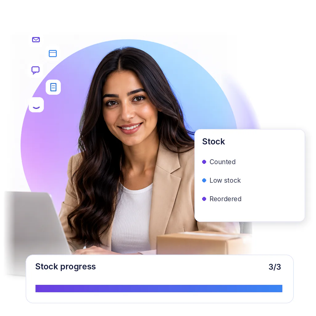 Inventory management virtual assistant with a stock progress card: counted, low stock, reordered