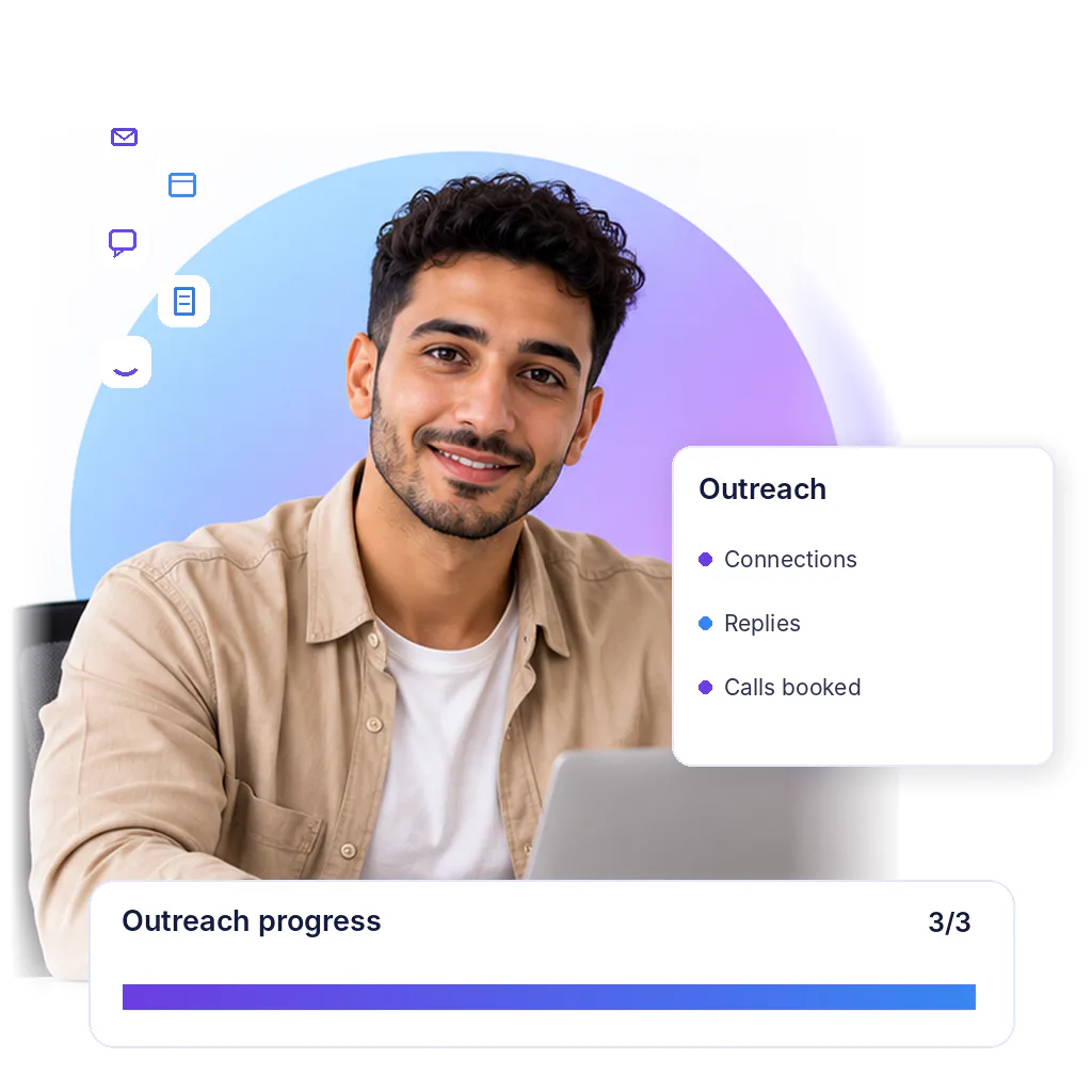 LinkedIn outreach assistant with a outreach progress card: connections, replies, calls booked