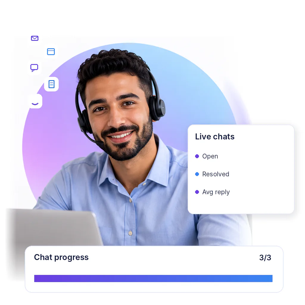 Live chat virtual assistant with a chat progress card: open, resolved, avg reply