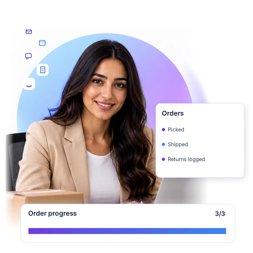 Order processing virtual assistant with a order progress card: picked, shipped, returns logged