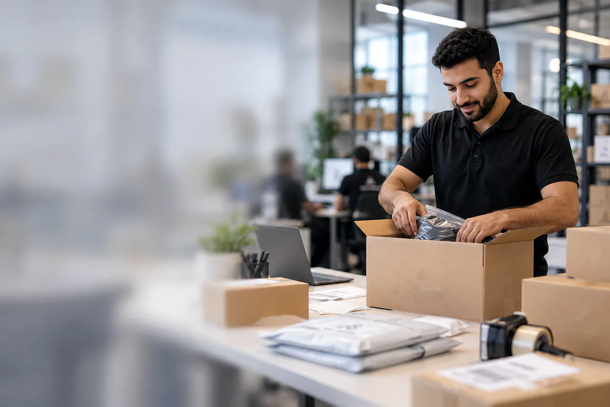 Order processing virtual assistant packing an order