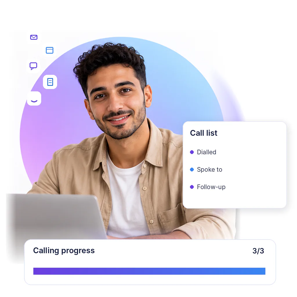 Cold calling assistant with a calling progress card: dialled, spoke to, follow-up