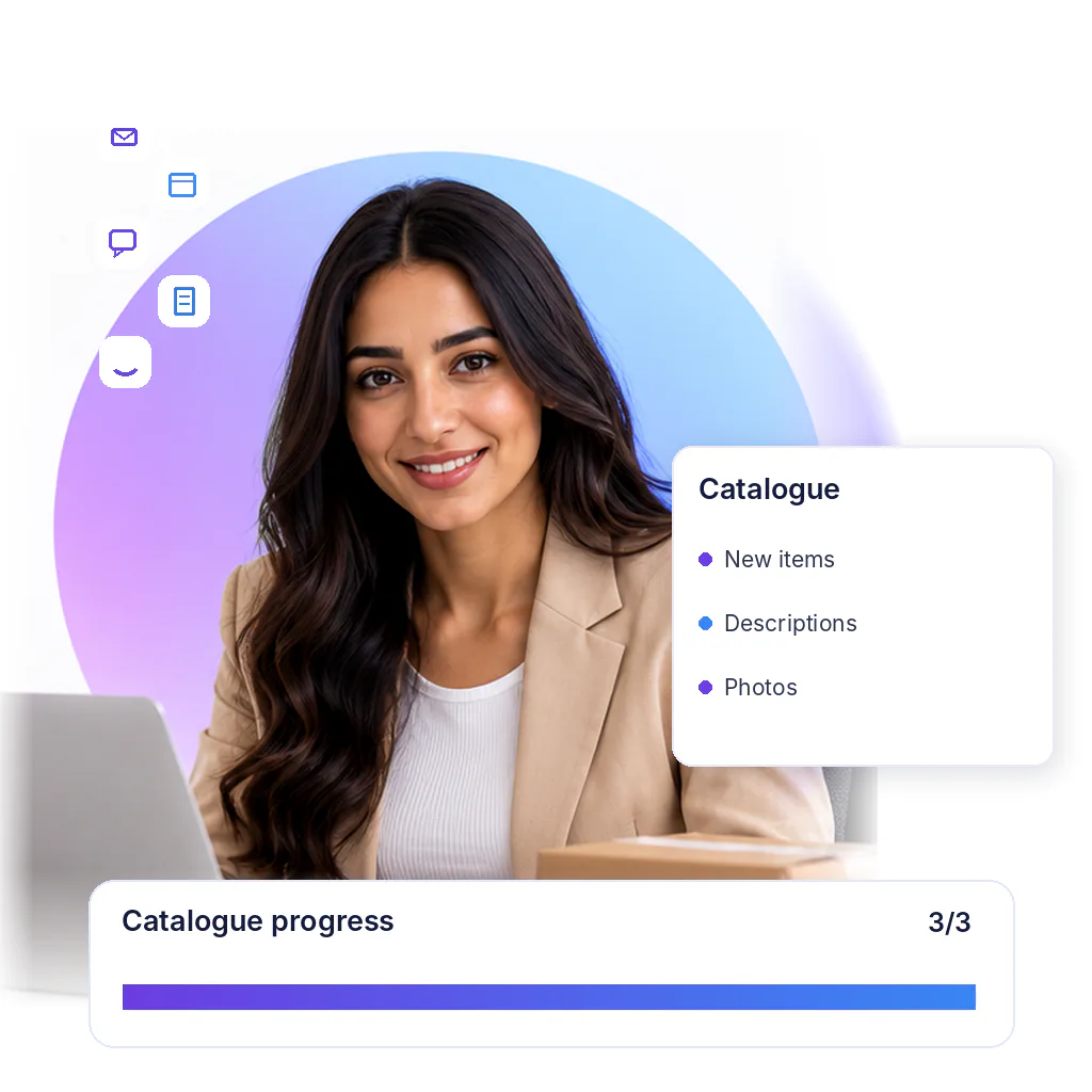 Product listing virtual assistant with a catalogue progress card: new items, descriptions, photos