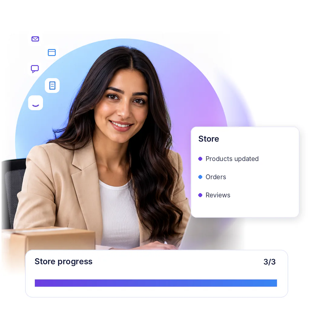Shopify virtual assistant with a store progress card: products updated, orders, reviews