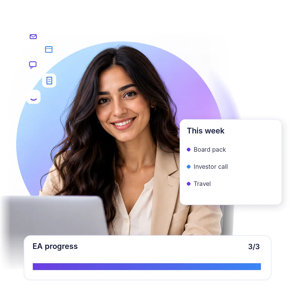 Virtual executive assistant with a ea progress card: board pack, investor call, travel