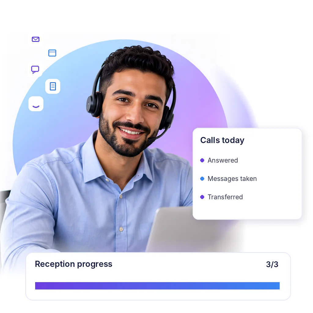 Virtual receptionist with a reception progress card: answered, messages taken, transferred