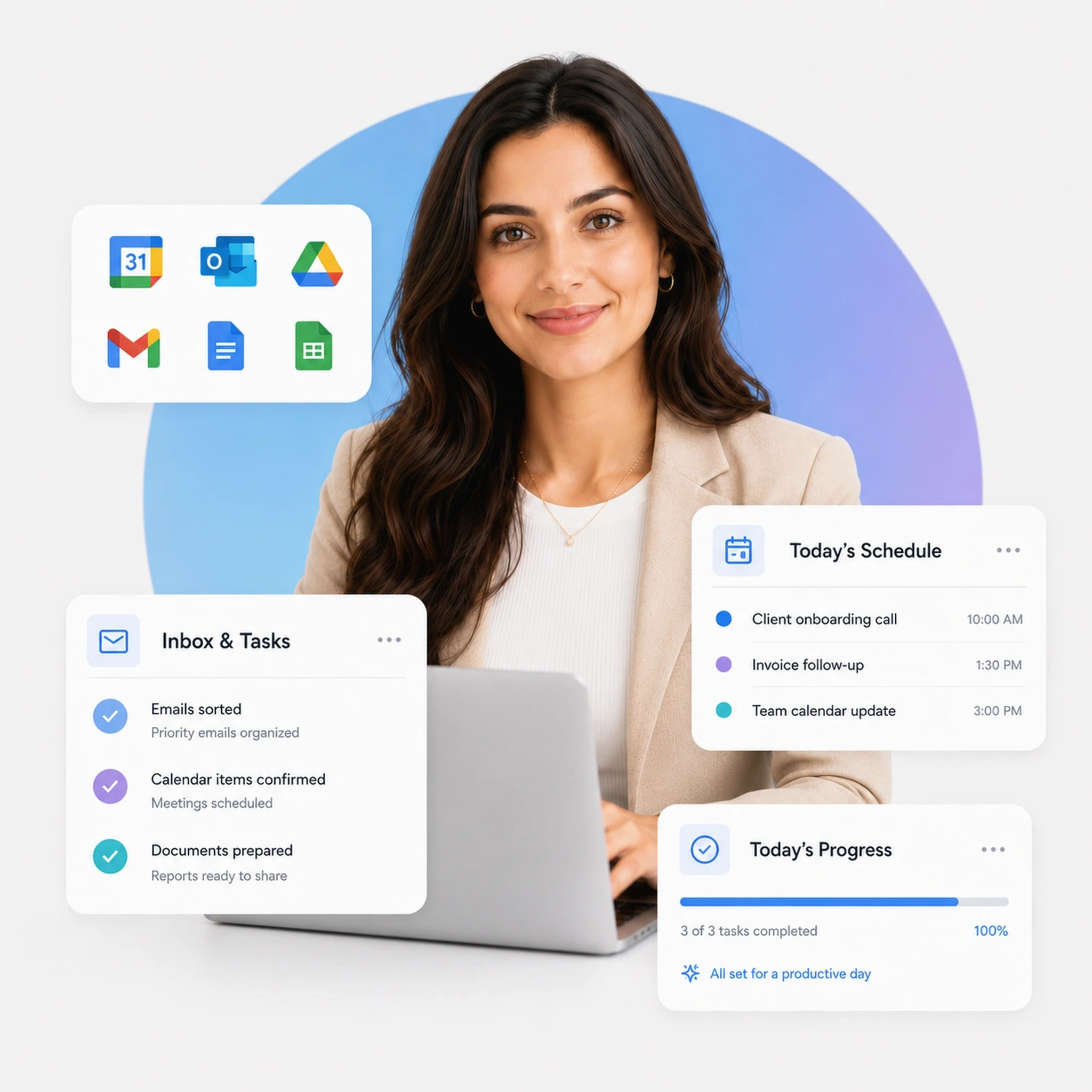 Administrative virtual assistant at a laptop, with panels showing inbox management, calendar and diary scheduling, data entry, reporting, document preparation and daily task progress.