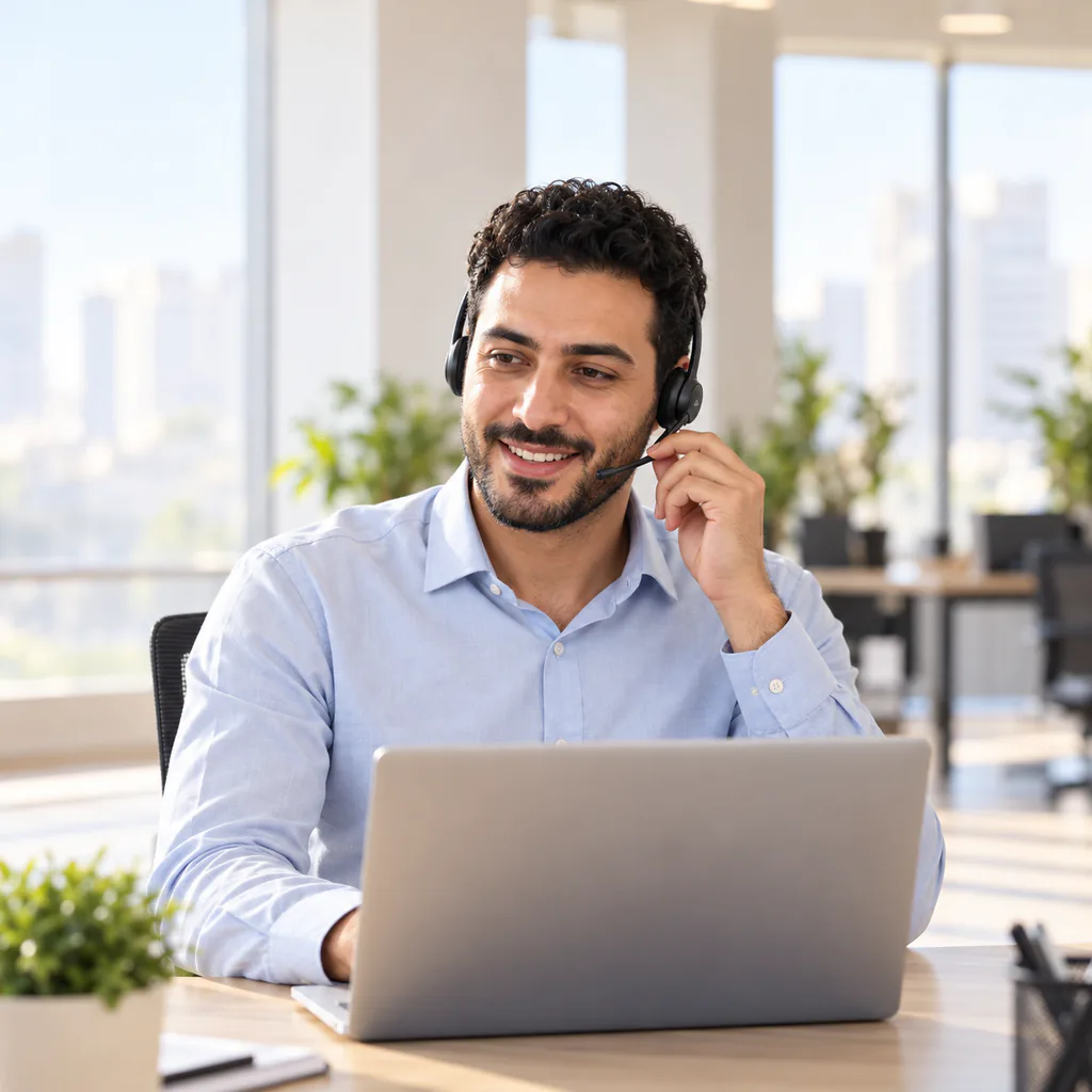 Customer service virtual assistant smiling during a support call