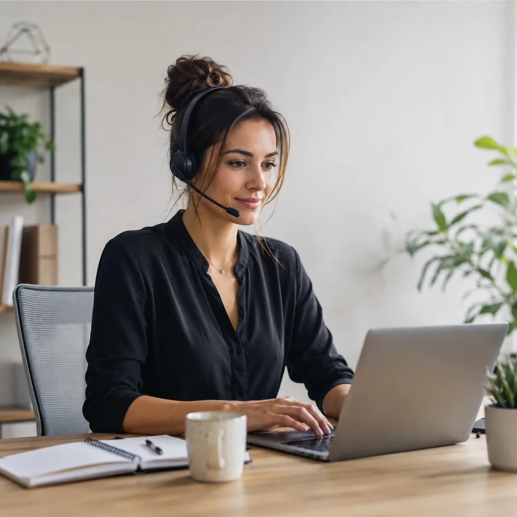 Customer service virtual assistant wearing a headset and working on a laptop in a bright modern office, representing support tickets, replies and customer follow-ups.