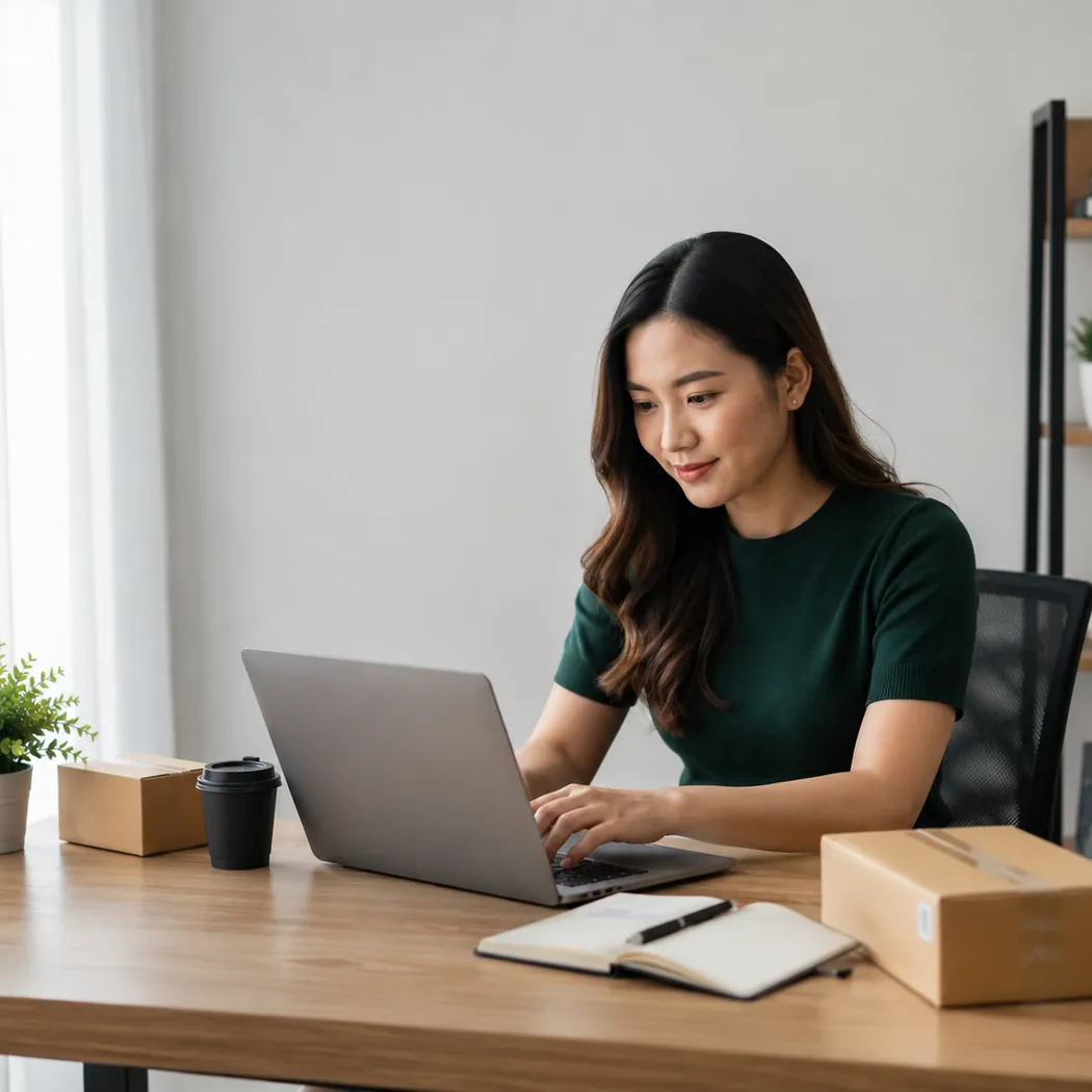 E-commerce virtual assistant working on a laptop beside shipping boxes in a clean workspace, representing order processing, marketplace listings and returns support.