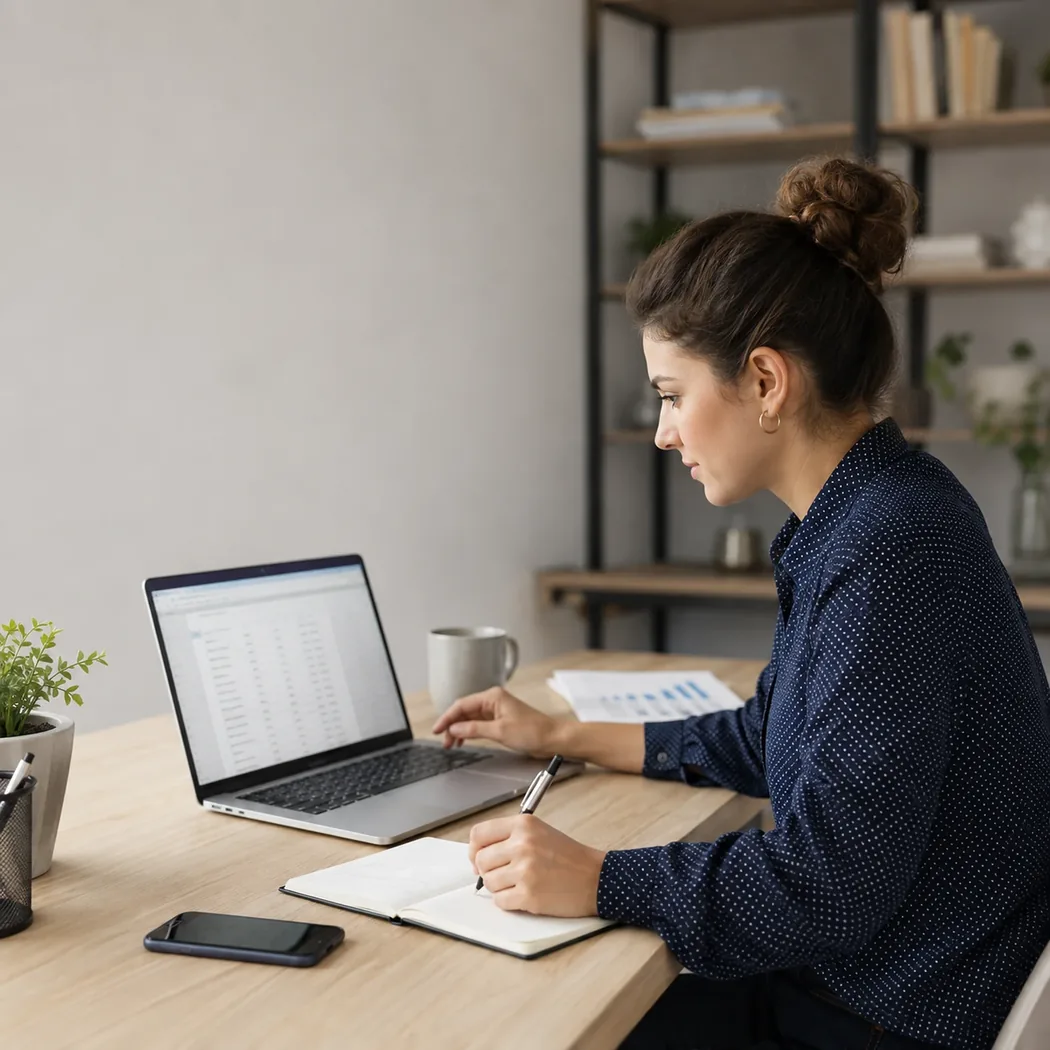 Lead generation virtual assistant reviewing a prospect spreadsheet on a laptop and writing notes, representing CRM research, lead lists and outreach preparation.