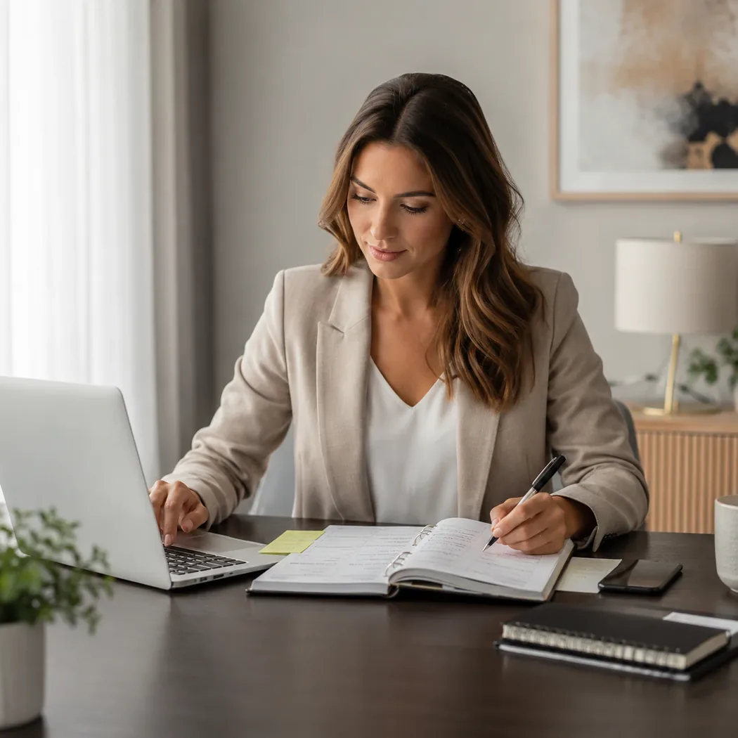 Personal assistant planning schedules in a notebook while working on a laptop in a calm office, representing diary management, admin tasks and executive support.
